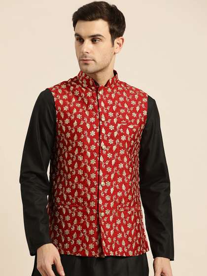 SOJANYA Men Red
                        & Golden Embroidered Nehru Jacket