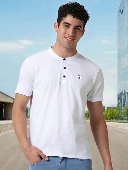 Urbano Fashion Men White Solid Mandarin Collar Pure Cotton Slim Fit T-shirt