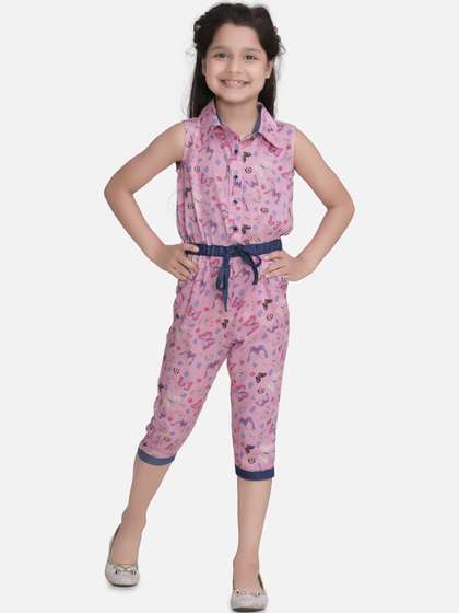 StyleStone Girls Pink
                      & Navy Blue Printed Capri Jumpsuit