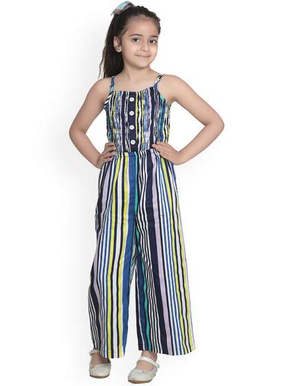 StyleStone Girls Navy
                    Blue & Yellow Striped Basic Jumpsuit