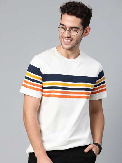 Mast & Harbour Men Off-White & Orange Striped Round Neck T-shirt