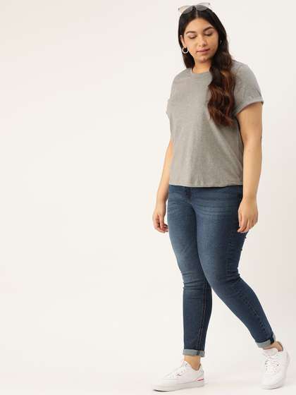 Sztori Plus Size
                        Women Grey Melange Solid Round Neck T-shirt