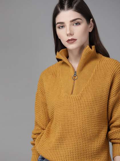 Roadster Women
                        Mustard Yellow Self Design Sweater