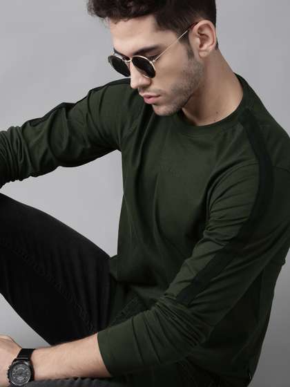 Roadster Men Olive Green Solid Round Neck T-shirt