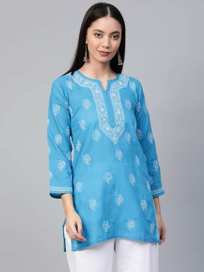 ADA Women Blue & White Chikankari Embroidered Pure Cotton Straight Handloom Kurti