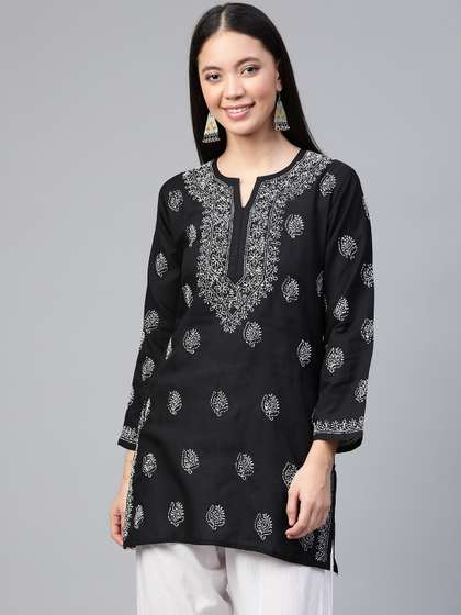 ADA Women Black & White Chikankari Embroidered Pure Cotton Straight Kurti
