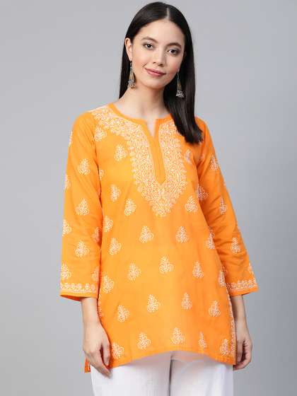 ADA Women Orange & White Chikankari Embroidered Pure Cotton Straight Kurti