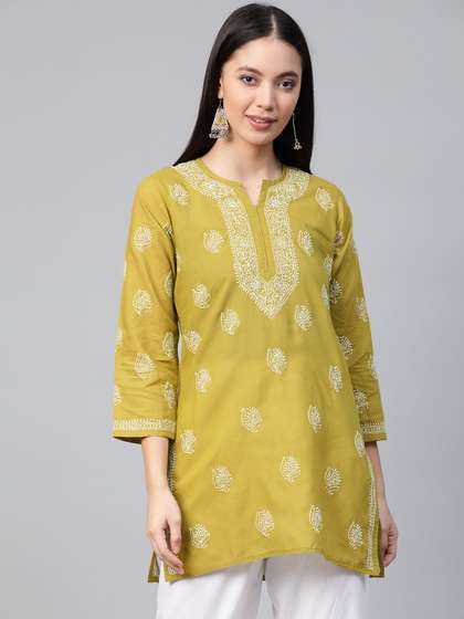 ADA Women Green & White Chikankari Embroidered Pure Cotton Straight Kurti