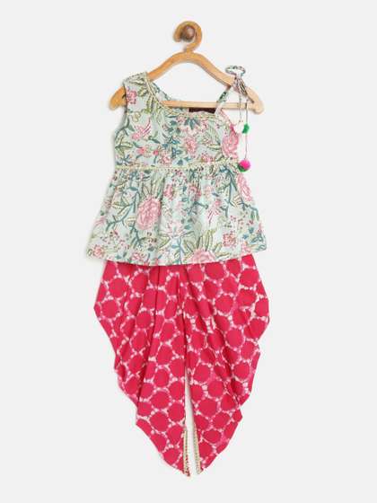 Pspeaches Girls Green
                    And Pink Floral Cotton Kurti Dhoti Pants