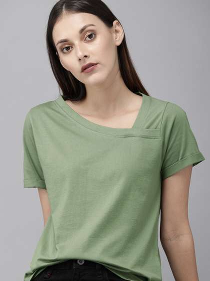 Roadster Women Olive
                        Green Solid Asymmetric Neck Detailing Pure
                        Cotton T-shirt