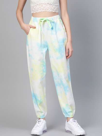 SASSAFRAS Women Off-White & Blue High-Rise Dyed Pure Cotton Joggers