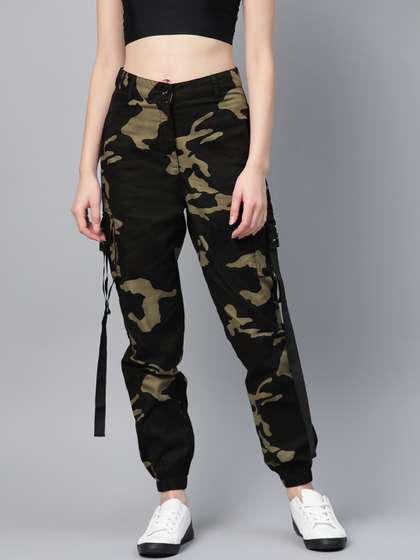 STREET 9 Women Olive Green & Brown Camouflage Print Cargos