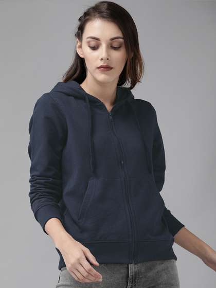 Roadster Women
                          Navy Blue Solid Hooded Front-Open Green Turn
                          Sweatshirt