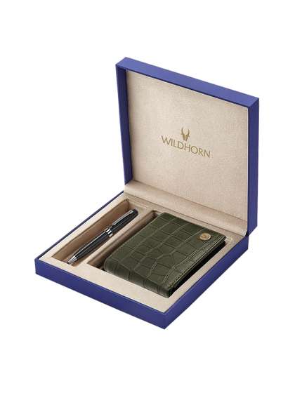 WildHorn Men Green &
                    Black RFID Protected Genuine Leather Wallet &
                    Pen Accessory Gift Set