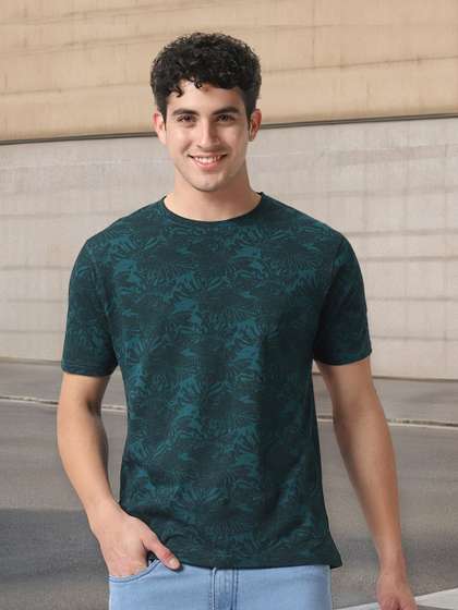 Urbano Fashion Men Teal Blue Tropical Printed Round Neck Pure Cotton Slim Fit T-shirt