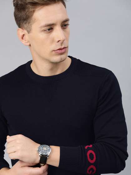 WROGN Men Navy
                          Blue Slim Fit Solid Pullover Sweater with
                          Print
