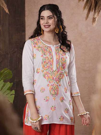 ADA Women White & Red Chikankari Embroidered Pure Cotton Straight Handloom Kurti