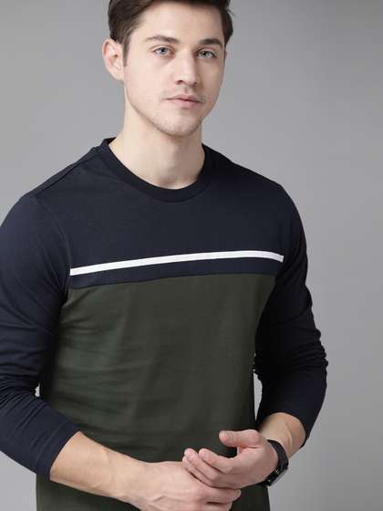 Roadster Men Olive Green & Navy Blue Pure Cotton Colourblocked Round Neck T-shirt