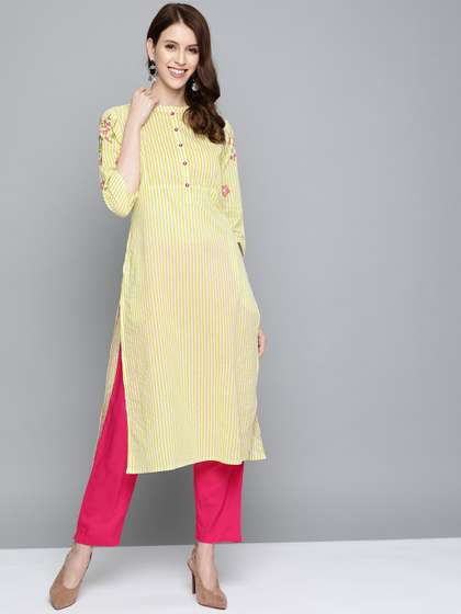HERE&NOW Women White & Yellow Striped Straight Kurta