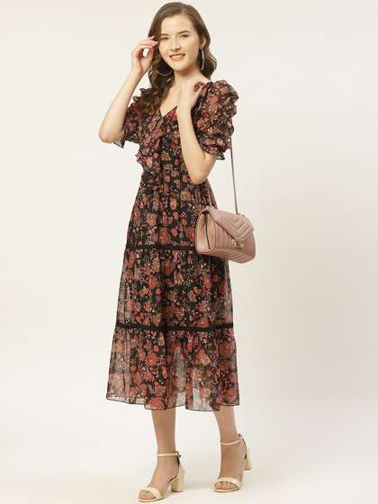 Antheaa Black &
                        Rust Orange Floral Print Tiered Midi Fit &
                        Flare Dress with Ruffles