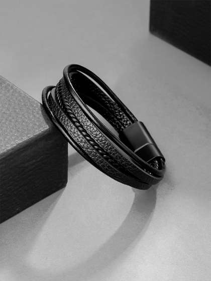 Yellow Chimes Men Black
                    Leather Wraparound Bracelet