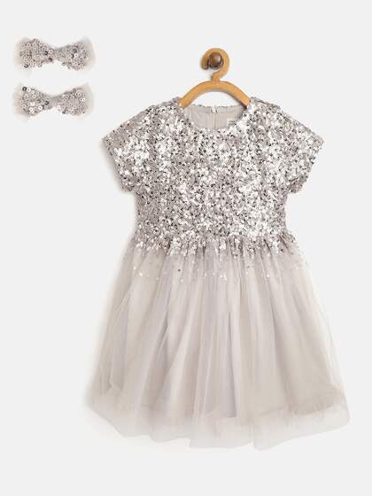 Cherry Crumble Girls Grey Net Sequinned Fit & Flare Dress with Alligator Hairclip