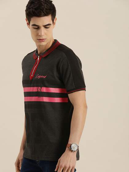 Moda Rapido Men Charcoal Striped Polo Collar T-shirt