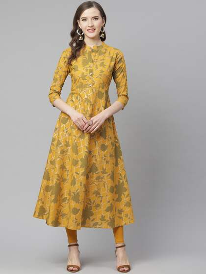 mokshi Women Mustard Yellow & Green Floral Print A-Line Kurta