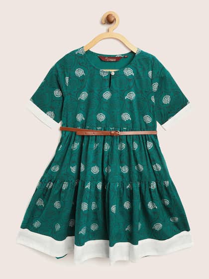 Sangria Girls Green & White Ethnic Print Tiered Fit & Flare Dress