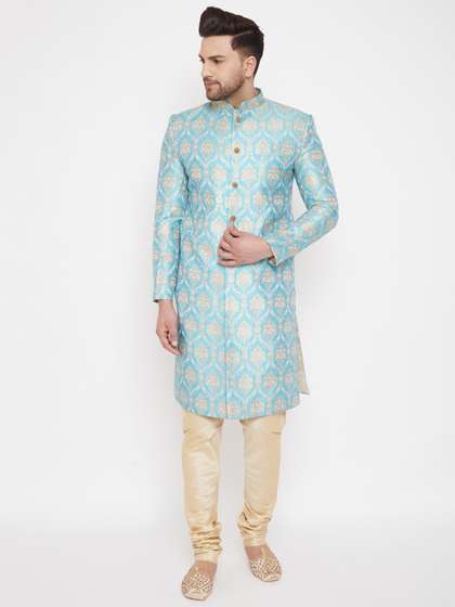 VASTRAMAY Men Sea
                        Green & Gold-Coloured Slim Fit Brocade Woven
                        Design Sherwani Set