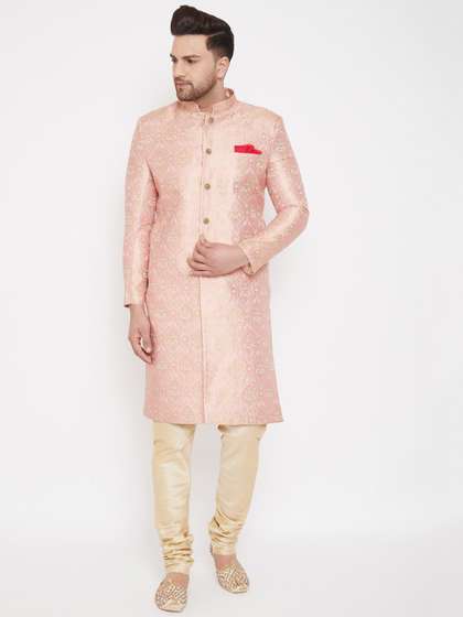 VASTRAMAY Men Pink
                        & Gold-Coloured Slim Fit Brocade Woven
                        Design Sherwani Set
