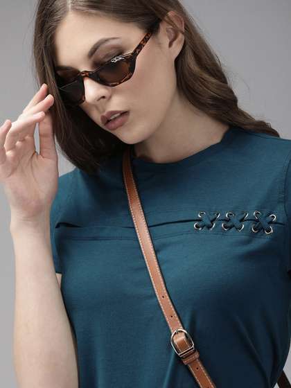 Roadster Women Teal
                        Blue Solid Round Neck Pure Cotton T-shirt with
                        Lace Detailing