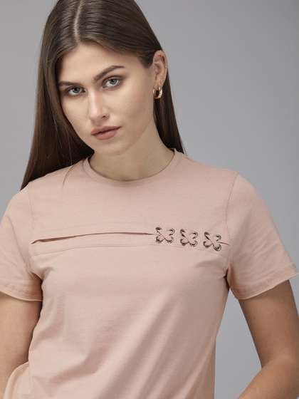 Roadster Women
                          Mauve Solid Round Neck Pure Cotton T-shirt
                          with Lace Detailing