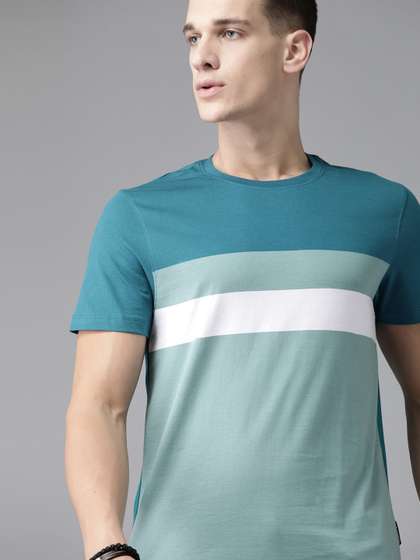 Roadster Men Blue White Pure Cotton Colourblocked Round Neck Pure Cotton T-shirt