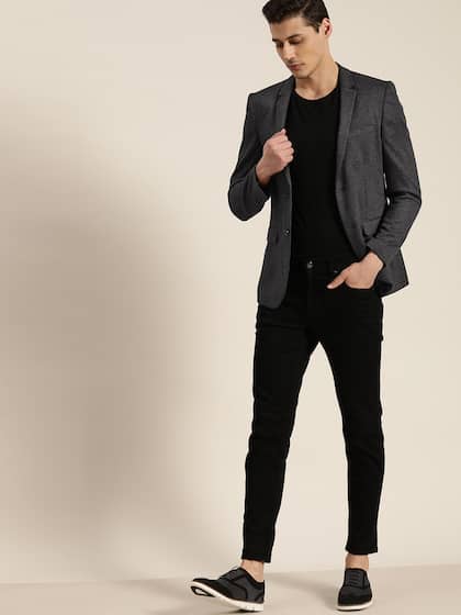 INVICTUS Men Charcoal Grey Self Design Single-Breasted Slim Fit Smart Casual Blazer
