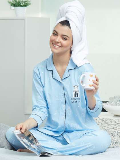 Zeyo Women Blue
                          & White Printed Night suit