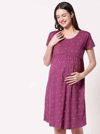 Zeyo Women Burgundy
                        Printed Cotton Maternity Nightdress