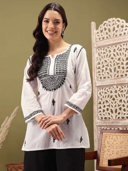 ADA Women White & Black Chikankari Embroidered Straight Pure Cotton Handloom Kurti