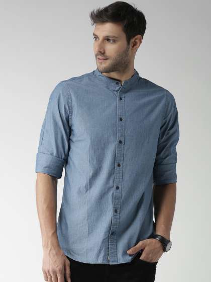 New Mens Denim Shirts Long Sleeve Western Stylish Black Dark Blue Light Blue