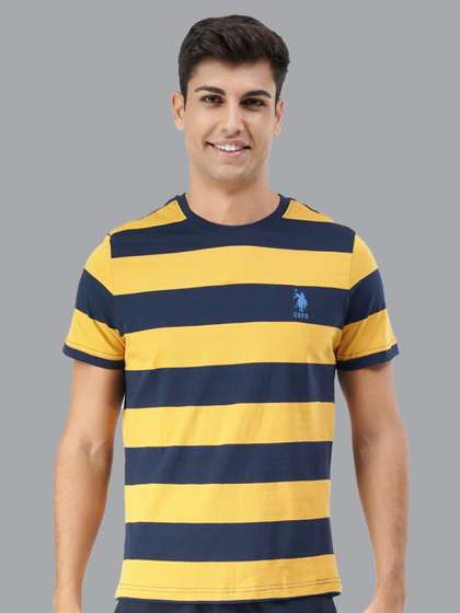U.S. POLO ASSN. MEN
                        NAVY BLUE & ORANGE STRIPED BRAND LOGO
                        EMBROIDERED PURE COTTON T-SHIRT