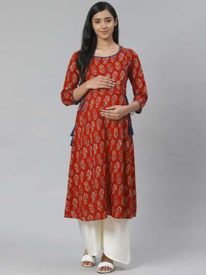 anayna Women Rust
                        Red & Orange Block Print A-Line Maternity
                        Kurta