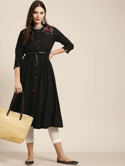 Sangria Women Black Yoke Design A-line Kurta with Gather Detail