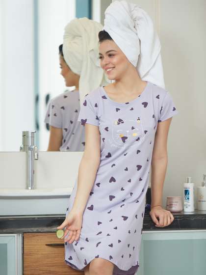 Zeyo Lavender Pure
                          Cotton Printed Nightdress