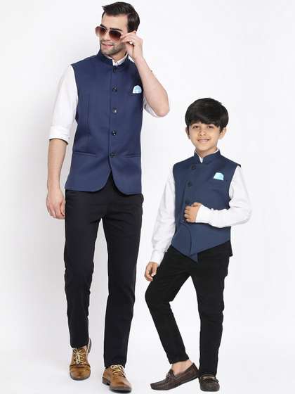 VASTRAMAY Men Navy
                        Blue Solid Woven Nehru Jacket