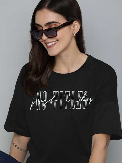 Mast & Harbour
                        Women Black Printed Round Neck Pure Cotton
                        T-shirt