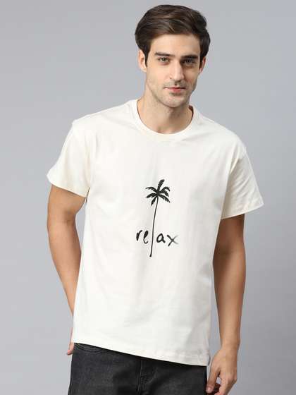 Mast & Harbour Men Off-White & Black Cotton Printed Round Neck T-shirt