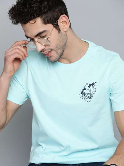 Mast & Harbour Men Blue Solid Cotton Round Neck T-shirt