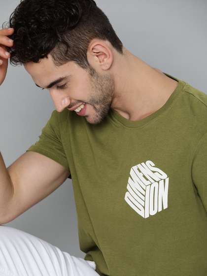 Mast & Harbour Mast Harbour Men Olive Green White Printed Detail Round Neck Cotton T-shirt