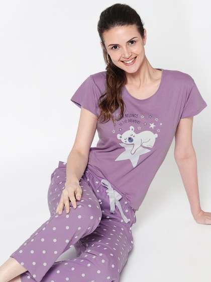 Zeyo Women Purple Self
                      Design Night Suits