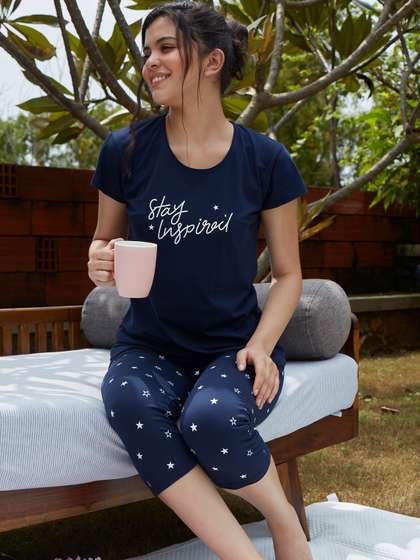 Zeyo Women Navy Blue
                        & White Printed Night suit